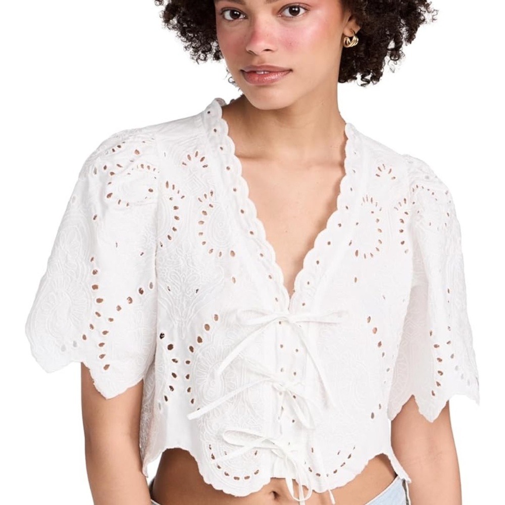 Moon River White Eyelet Lace-Up Blouse